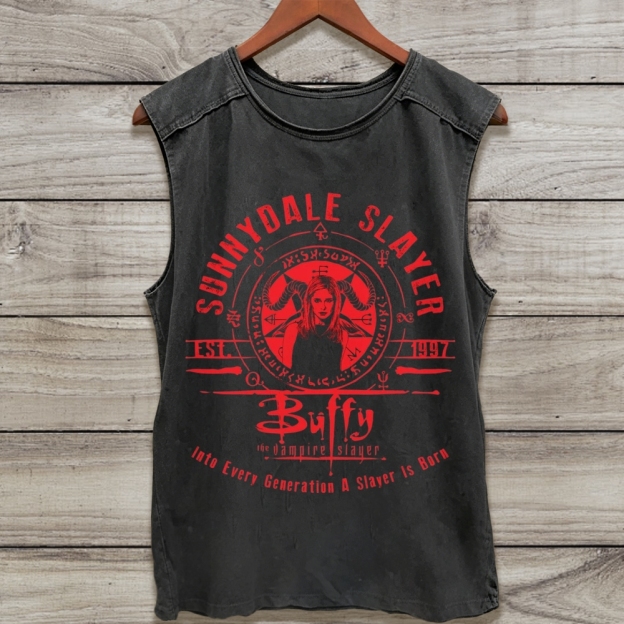 Red Circular Emblem Washed Tank Top
