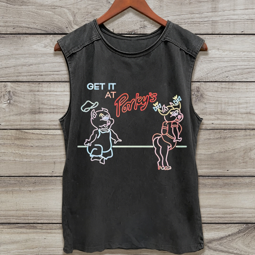 Neon Cartoon Pig Character Washed Tank Top