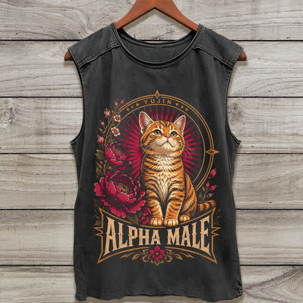 Floral Tabby Cat Alpha Male Washed Tank Top