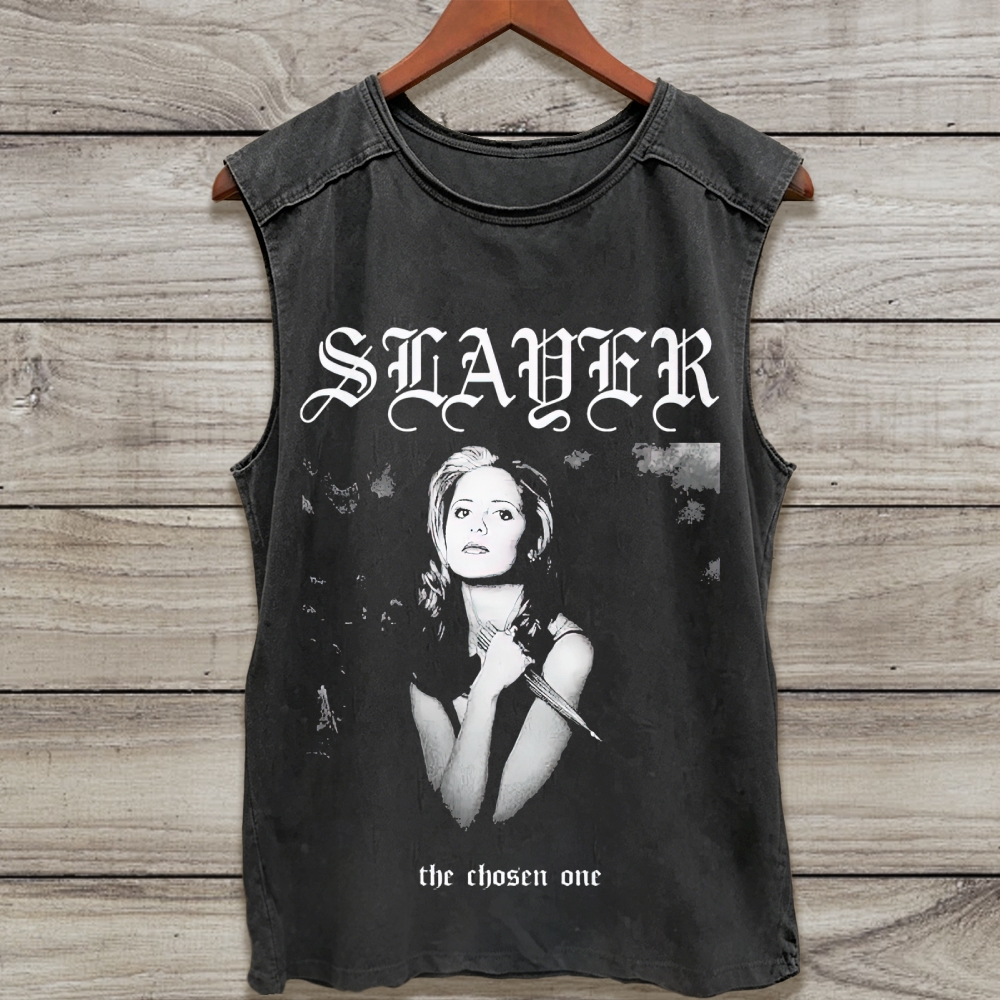 Gothic Lettering Female Warrior Portrait Washed Tank Top 