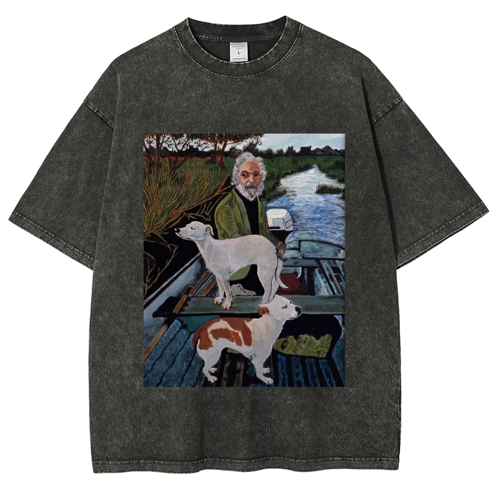 Boat Elderly & Two Dogs Oil Painting Graphic Washed T-Shirt