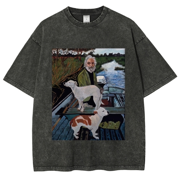Boat Elderly & Two Dogs Oil Painting Graphic Washed T-Shirt