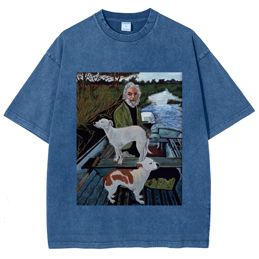 Boat Elderly & Two Dogs Oil Painting Graphic Washed T-Shirt