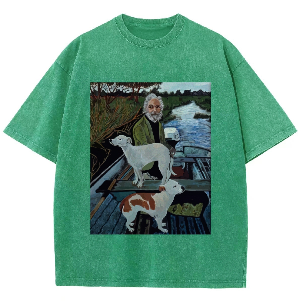 Boat Elderly & Two Dogs Oil Painting Graphic Washed T-Shirt