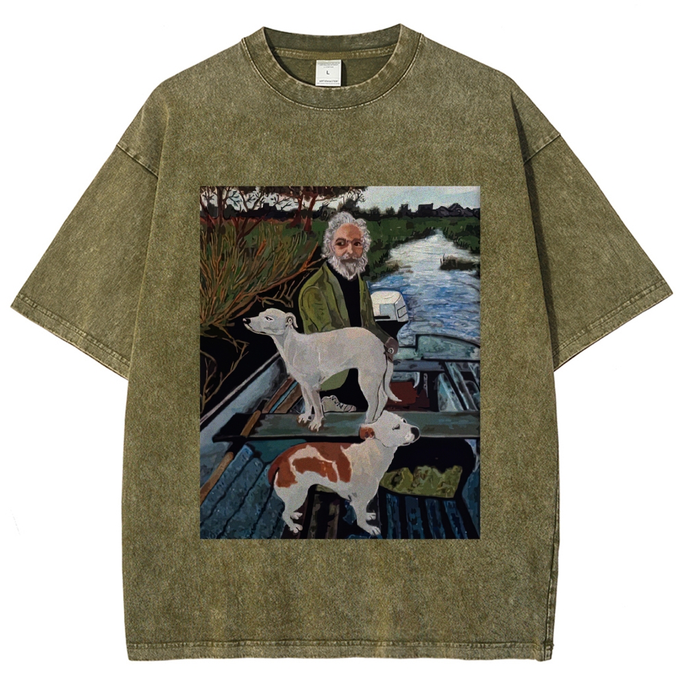 Boat Elderly & Two Dogs Oil Painting Graphic Washed T-Shirt
