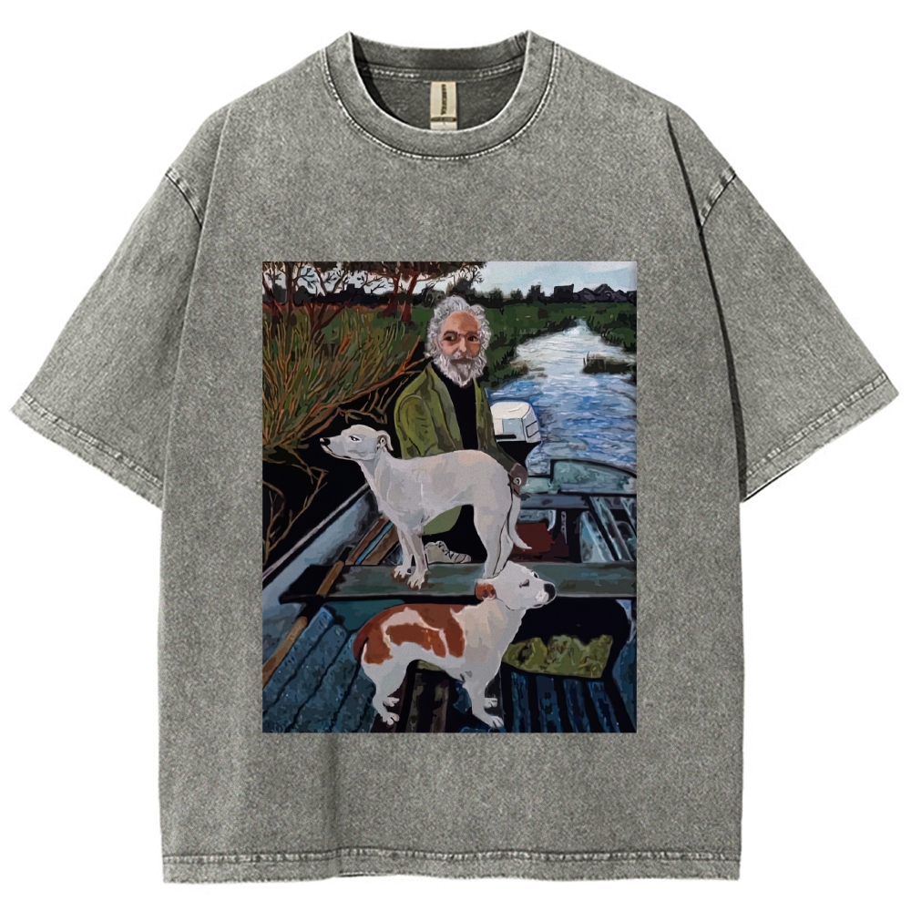 Boat Elderly & Two Dogs Oil Painting Graphic Washed T-Shirt