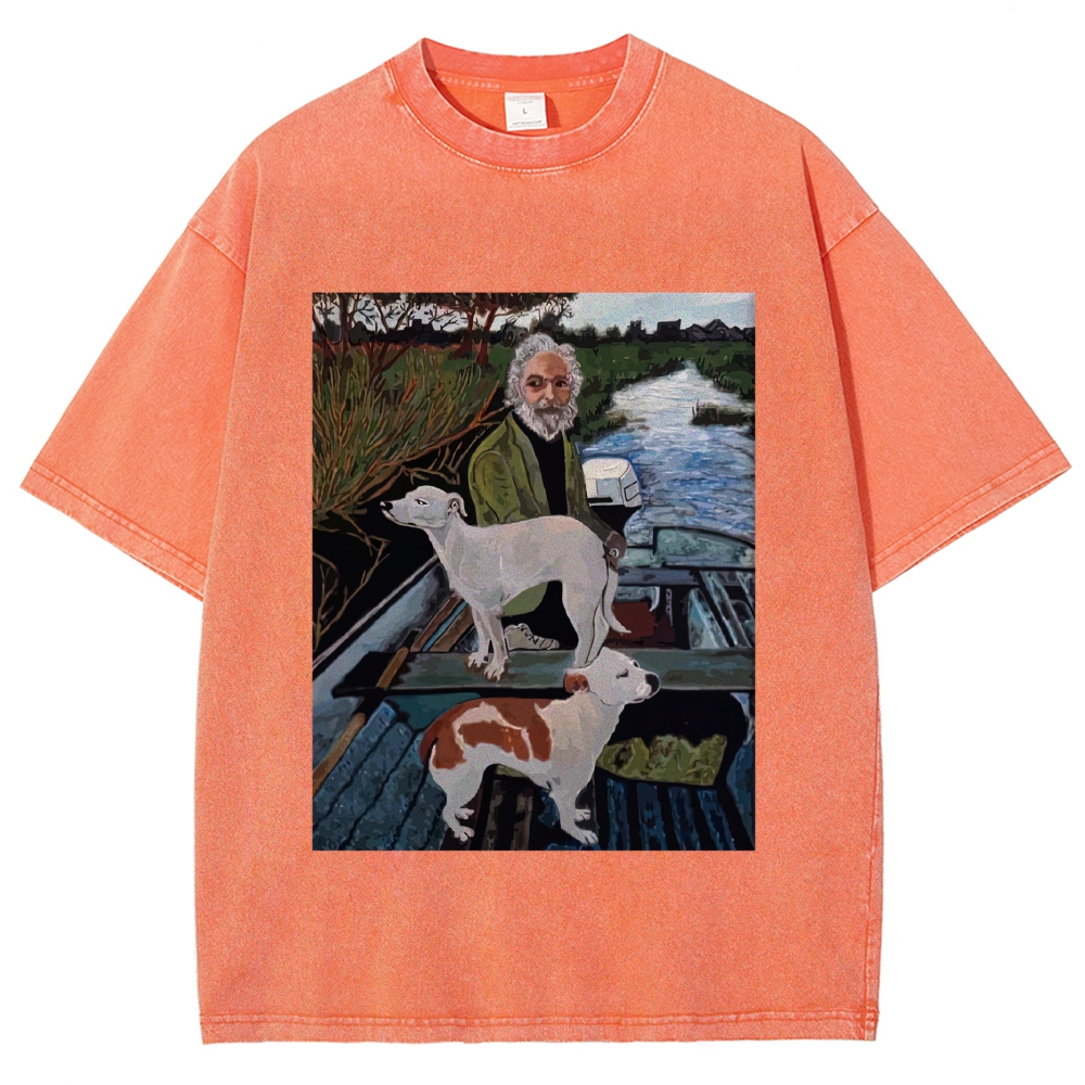 Boat Elderly & Two Dogs Oil Painting Graphic Washed T-Shirt