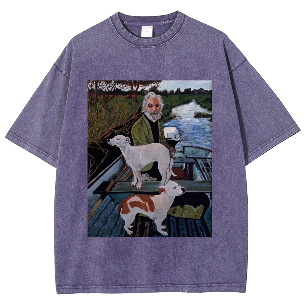 Boat Elderly & Two Dogs Oil Painting Graphic Washed T-Shirt