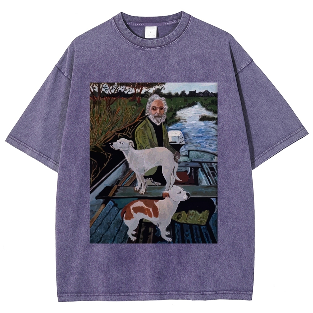 Boat Elderly & Two Dogs Oil Painting Graphic Washed T-Shirt