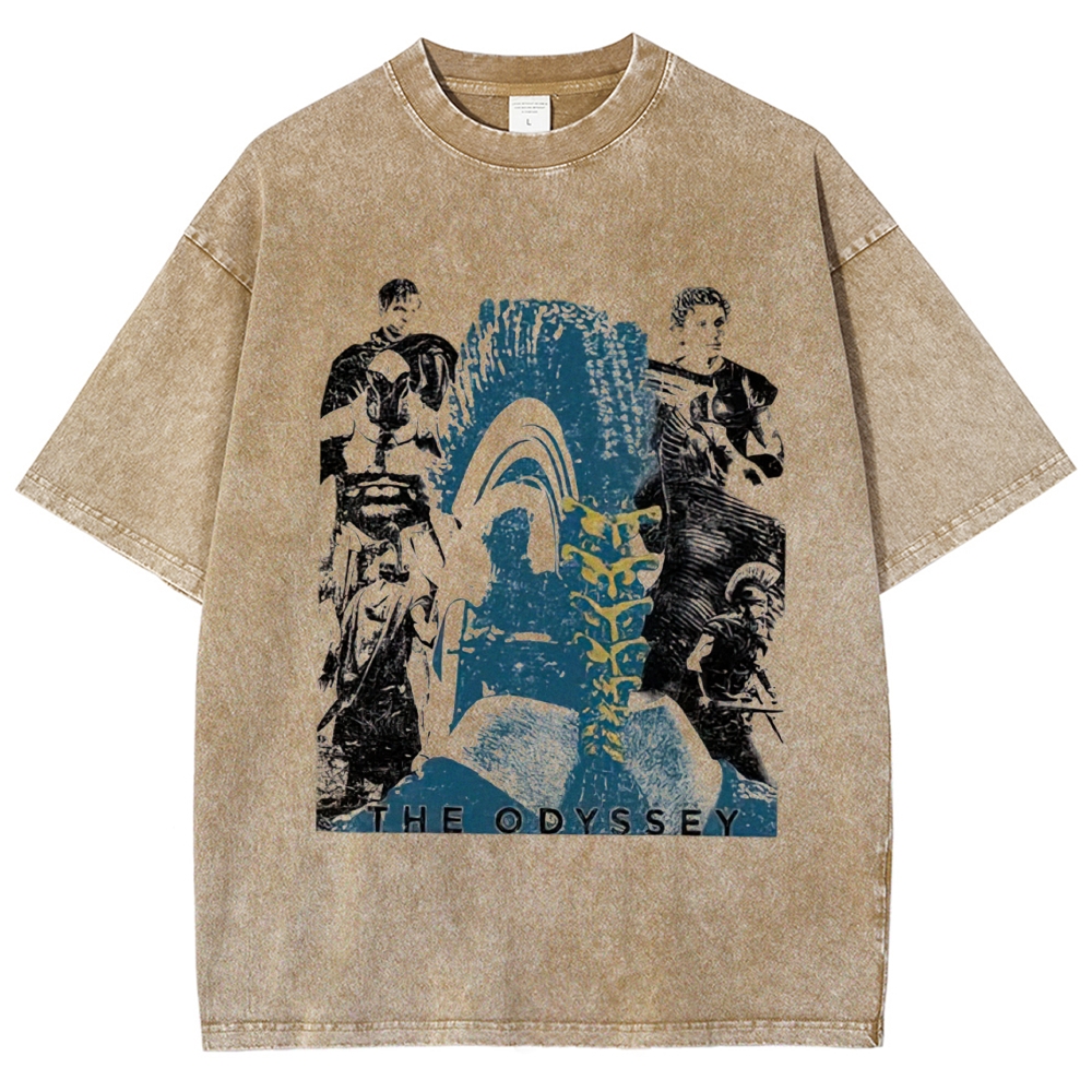 Faded Beige Ancient Epic Character Collage Print Washed T-Shirt