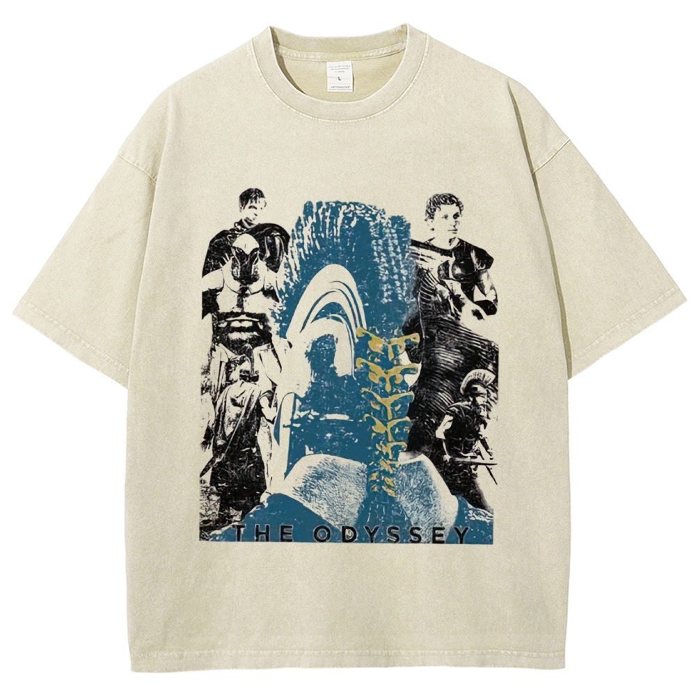 Faded Beige Ancient Epic Character Collage Print Washed T-Shirt