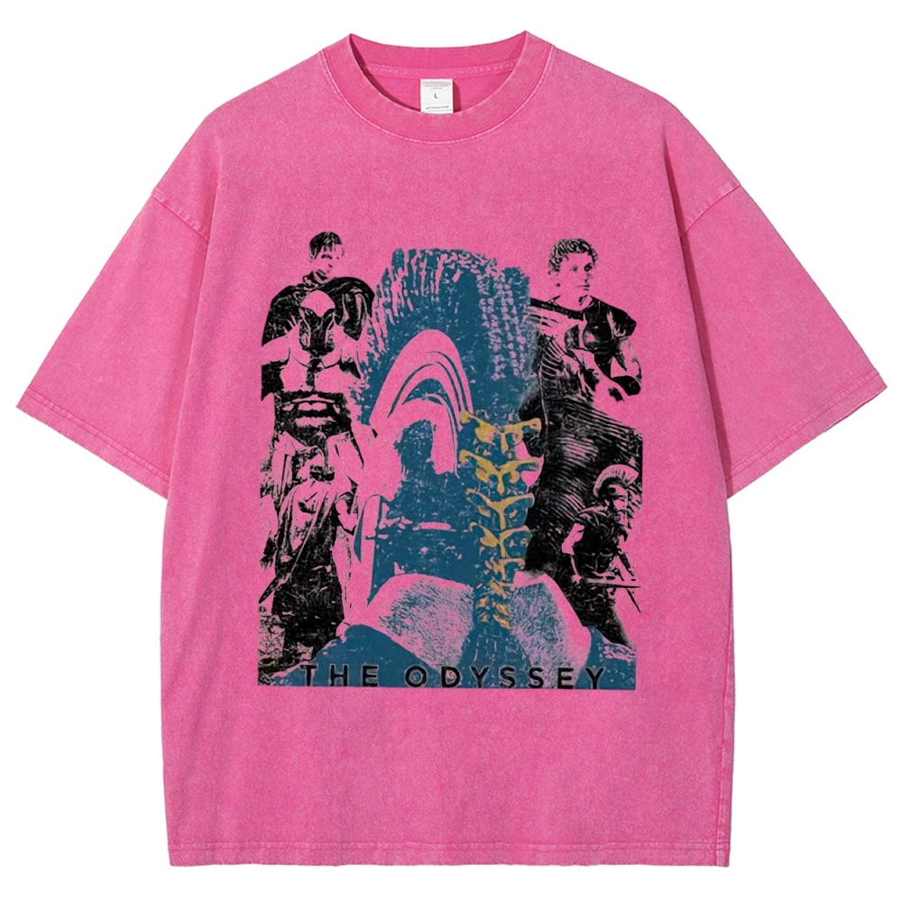 Faded Beige Ancient Epic Character Collage Print Washed T-Shirt