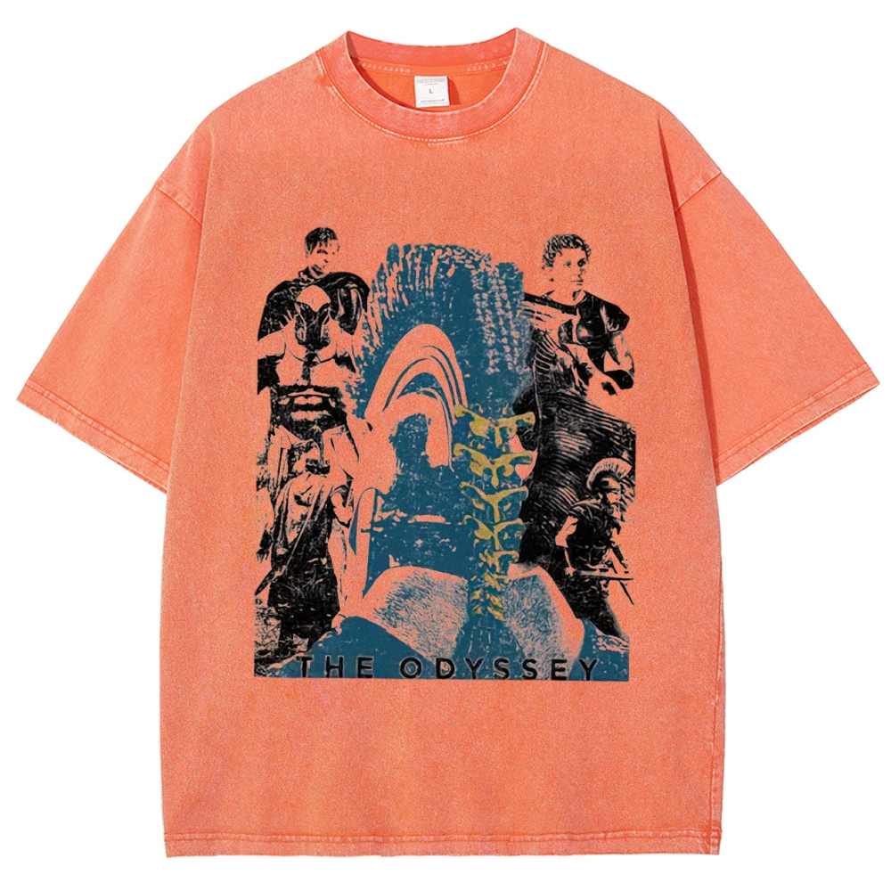 Faded Beige Ancient Epic Character Collage Print Washed T-Shirt