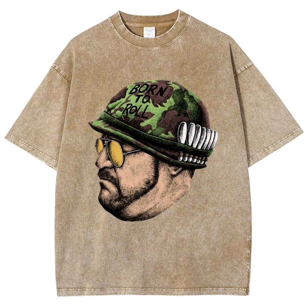 Tan Soldier Helmet Portrait Graphic Washed T-Shirt