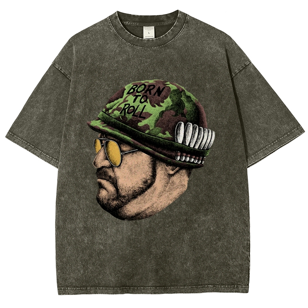 Tan Soldier Helmet Portrait Graphic Washed T-Shirt
