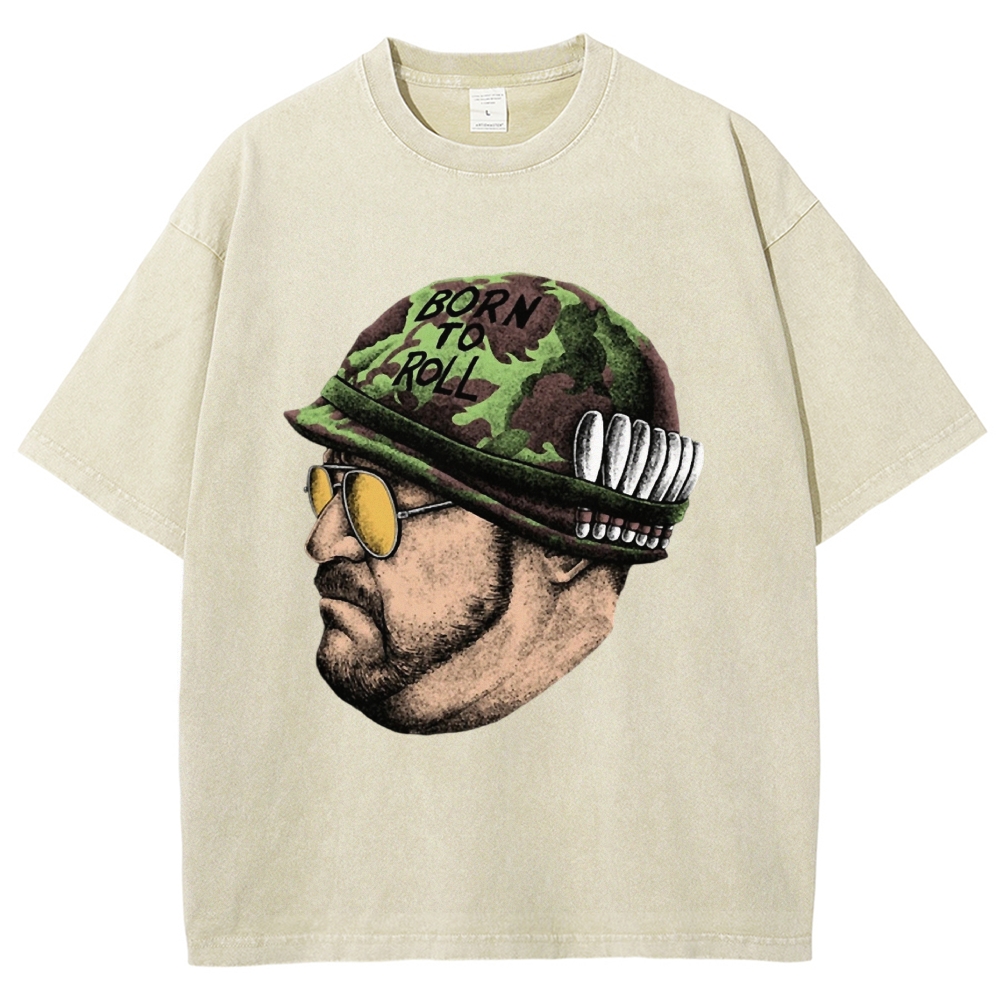 Tan Soldier Helmet Portrait Graphic Washed T-Shirt