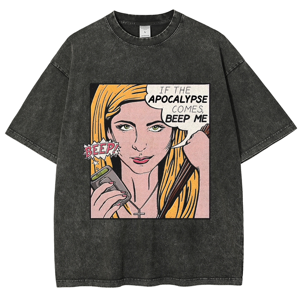 Retro Comic Style Female Hunter Dialogue Graphic Washed T-Shirt 