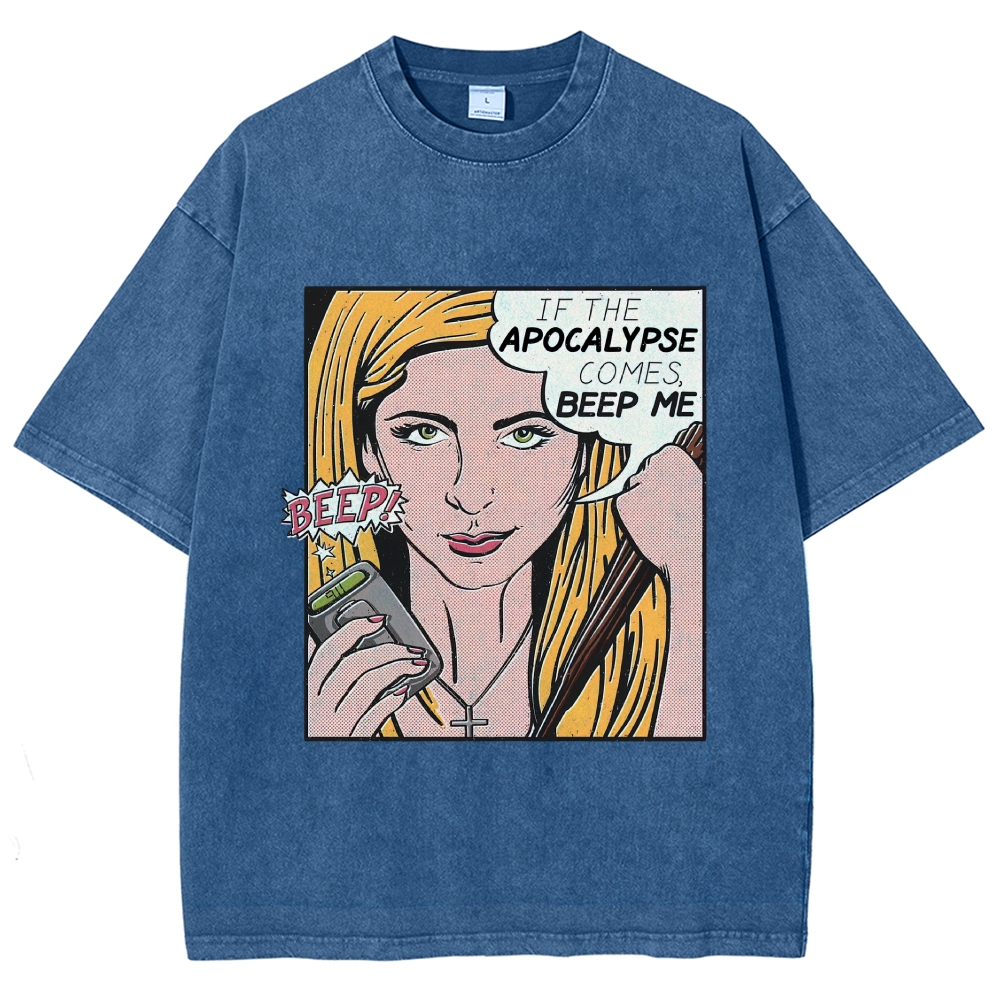 Retro Comic Style Female Hunter Dialogue Graphic Washed T-Shirt 
