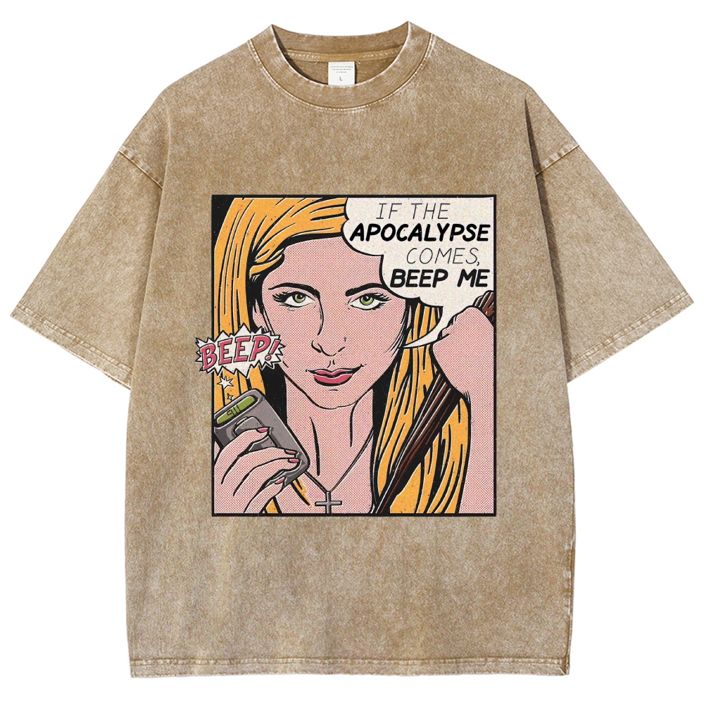Retro Comic Style Female Hunter Dialogue Graphic Washed T-Shirt 
