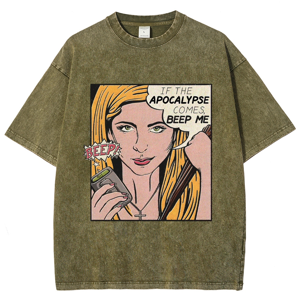 Retro Comic Style Female Hunter Dialogue Graphic Washed T-Shirt 