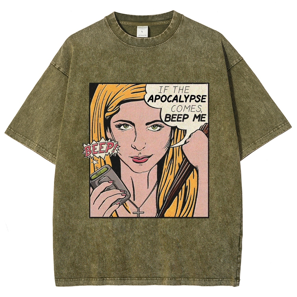 Retro Comic Style Female Hunter Dialogue Graphic Washed T-Shirt 