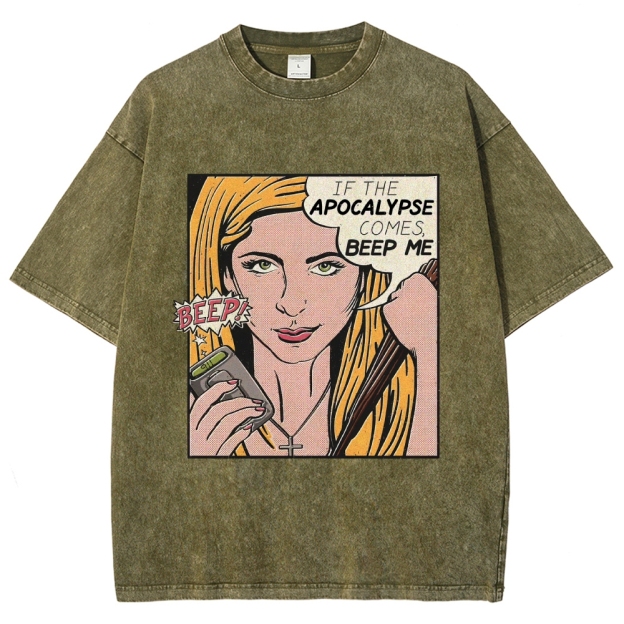 Retro Comic Style Female Hunter Dialogue Graphic Washed T-Shirt 