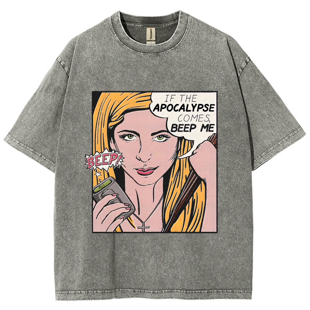 Retro Comic Style Female Hunter Dialogue Graphic Washed T-Shirt 