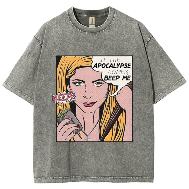 Retro Comic Style Female Hunter Dialogue Graphic Washed T-Shirt 