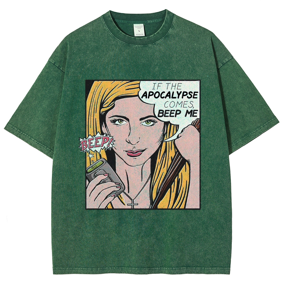 Retro Comic Style Female Hunter Dialogue Graphic Washed T-Shirt 