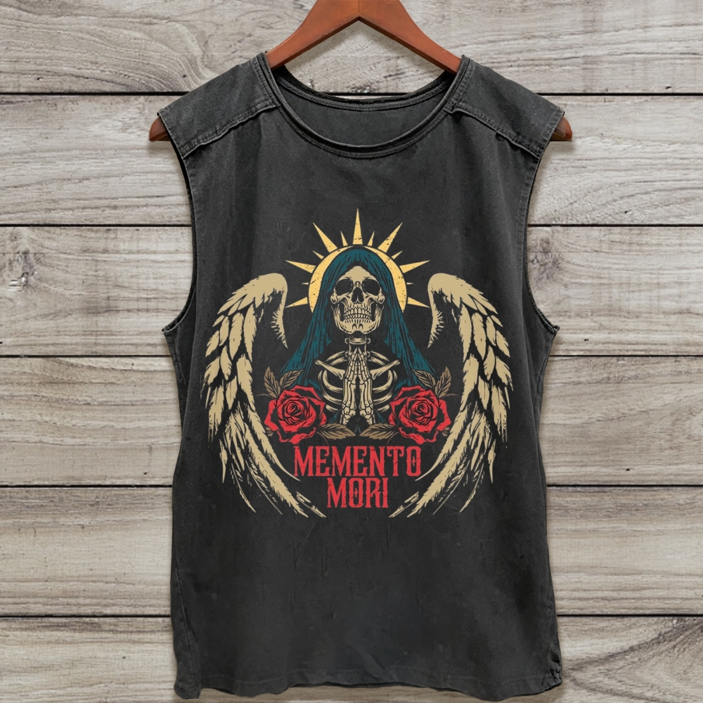Winged Praying Skull Rose Washed Tank Top