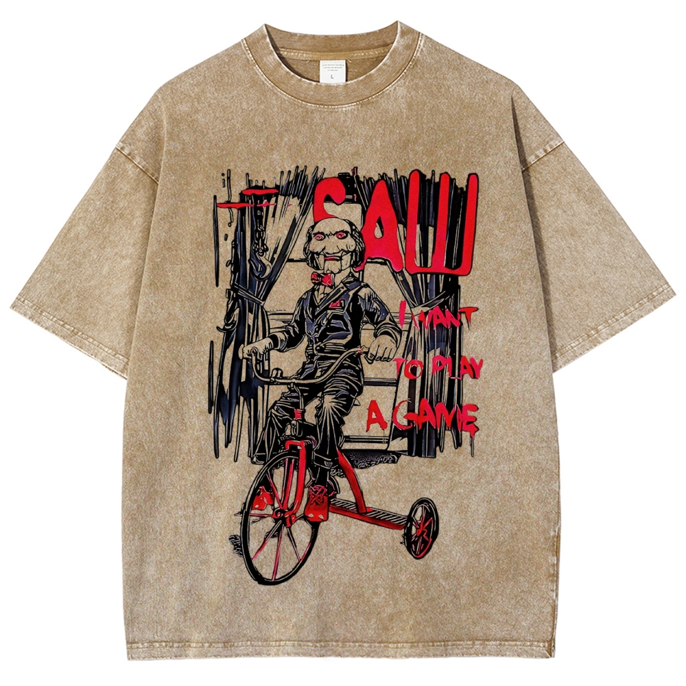 Retro Tricycle Horror Puppet Figure Washed T-Shirt 