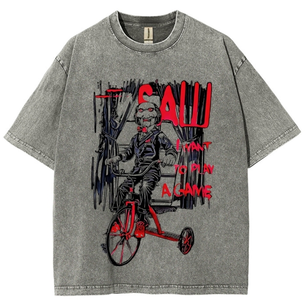 Retro Tricycle Horror Puppet Figure Washed T-Shirt 