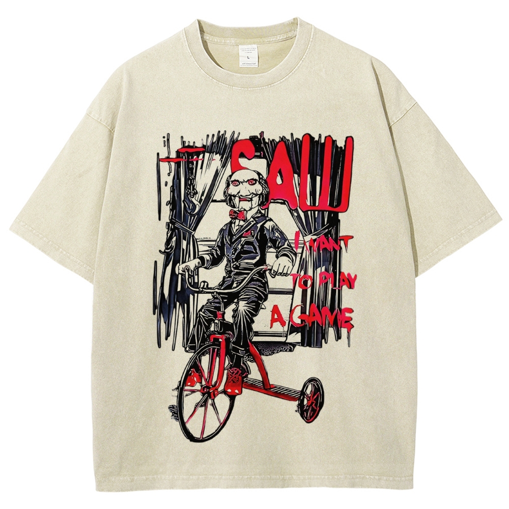 Retro Tricycle Horror Puppet Figure Washed T-Shirt 