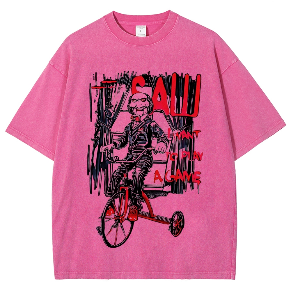 Retro Tricycle Horror Puppet Figure Washed T-Shirt 