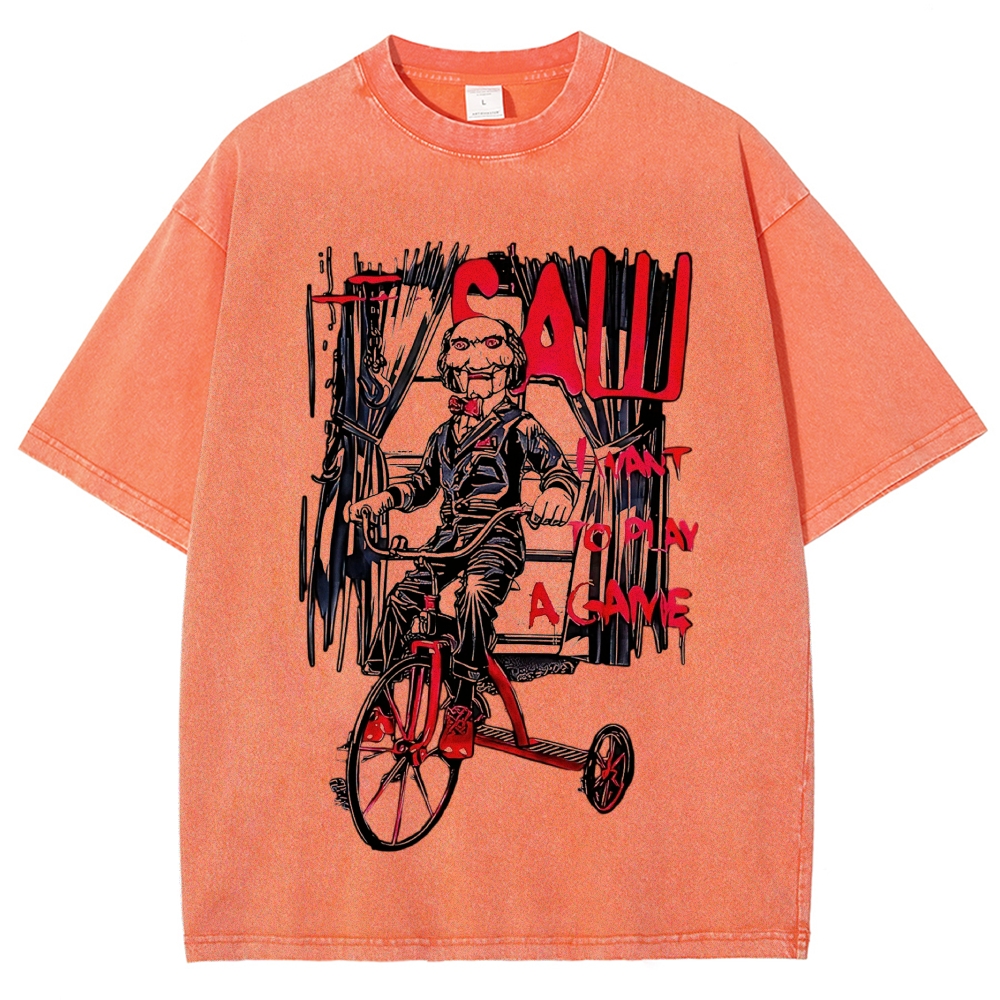 Retro Tricycle Horror Puppet Figure Washed T-Shirt 