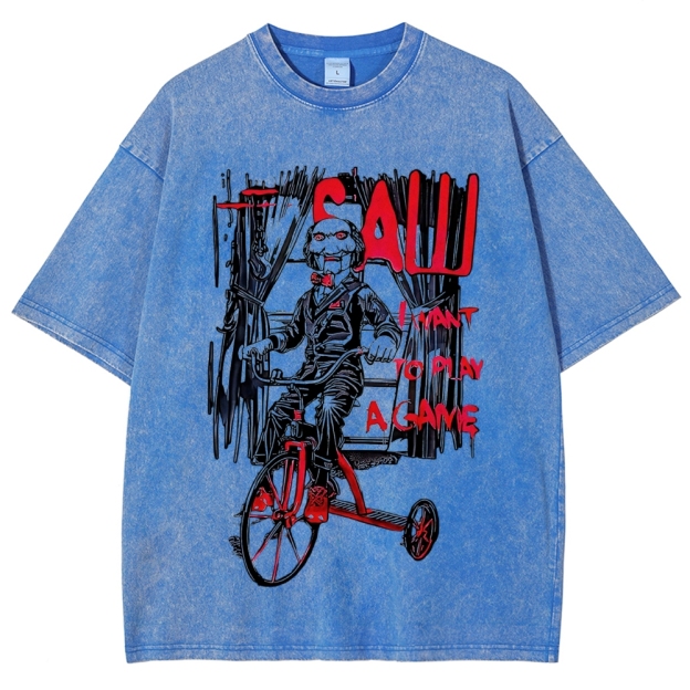 Retro Tricycle Horror Puppet Figure Washed T-Shirt 