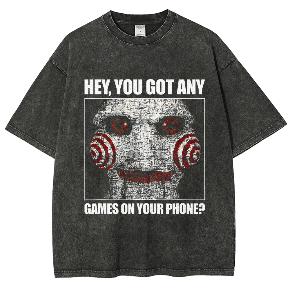 Word Collage Horror Puppet Humorous Slogan Oversized Washed T-Shirt
