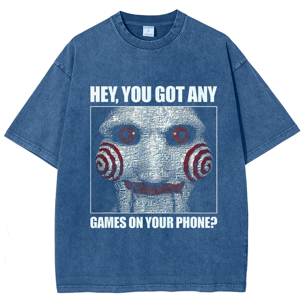 Word Collage Horror Puppet Humorous Slogan Oversized Washed T-Shirt