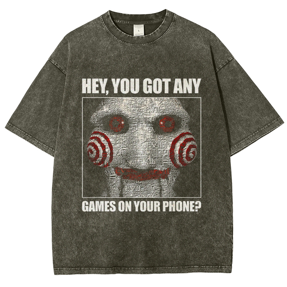 Word Collage Horror Puppet Humorous Slogan Oversized Washed T-Shirt