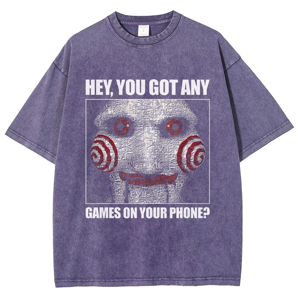 Word Collage Horror Puppet Humorous Slogan Oversized Washed T-Shirt