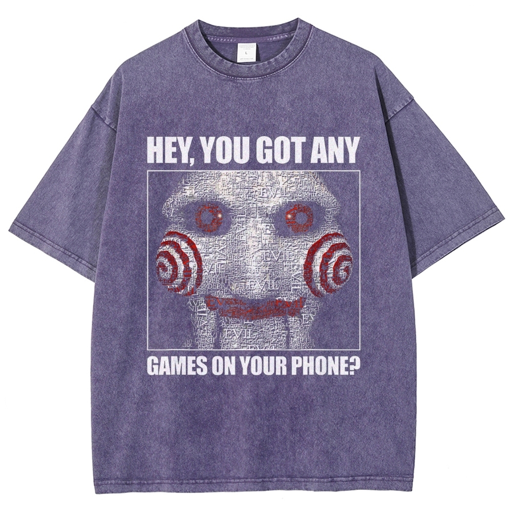 Word Collage Horror Puppet Humorous Slogan Oversized Washed T-Shirt