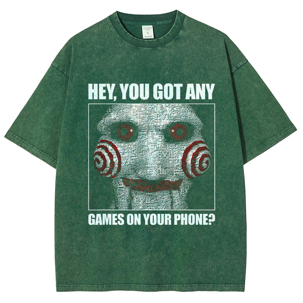 Word Collage Horror Puppet Humorous Slogan Oversized Washed T-Shirt