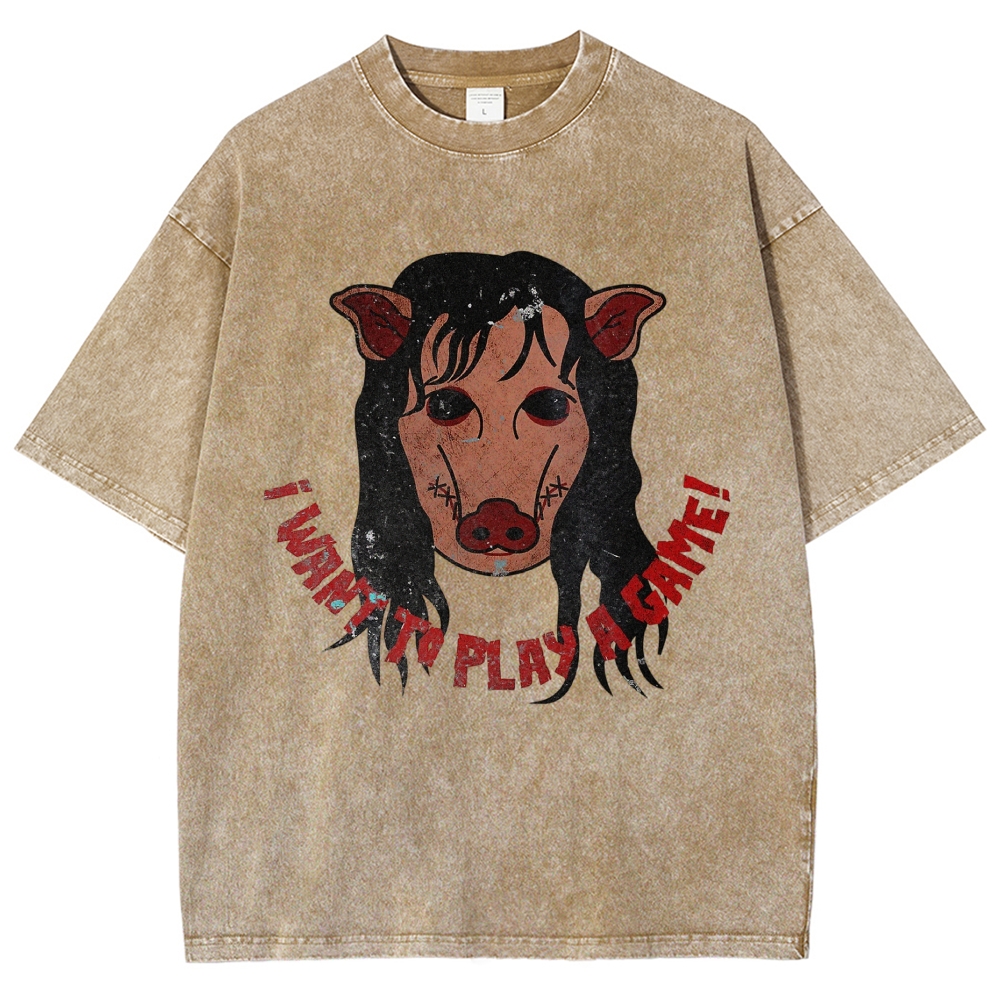  Pig Horror Mask Slogan Print Casual Washed T-Shirt