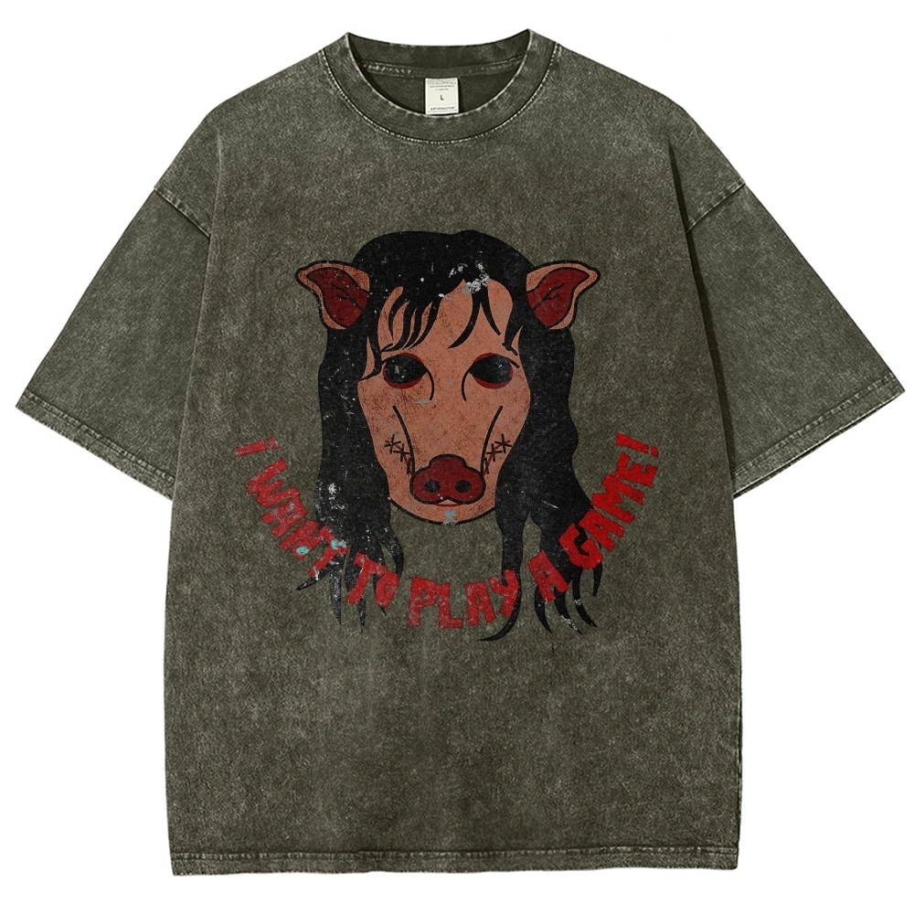  Pig Horror Mask Slogan Print Casual Washed T-Shirt