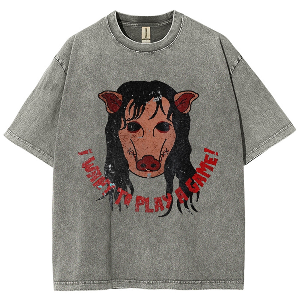  Pig Horror Mask Slogan Print Casual Washed T-Shirt