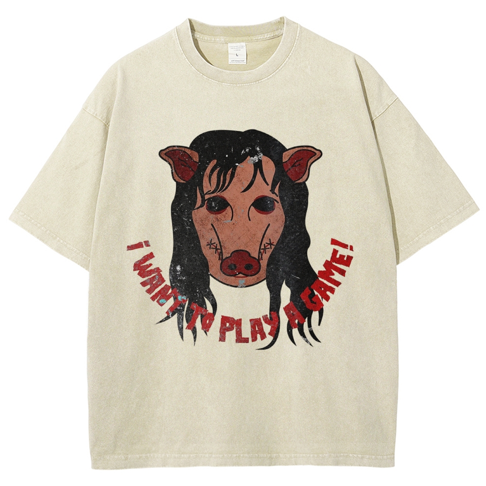  Pig Horror Mask Slogan Print Casual Washed T-Shirt