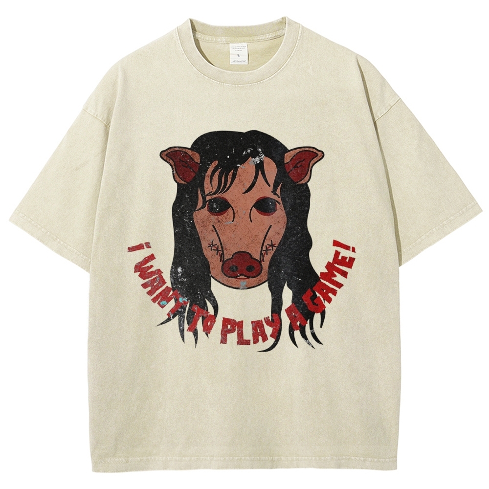  Pig Horror Mask Slogan Print Casual Washed T-Shirt