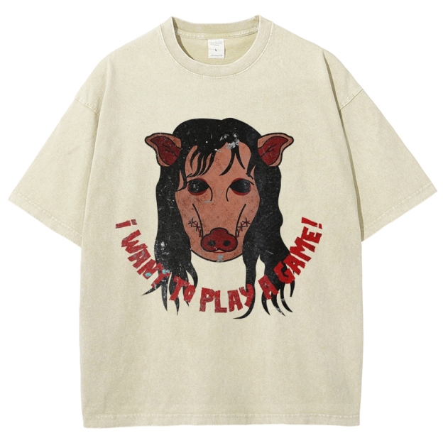  Pig Horror Mask Slogan Print Casual Washed T-Shirt