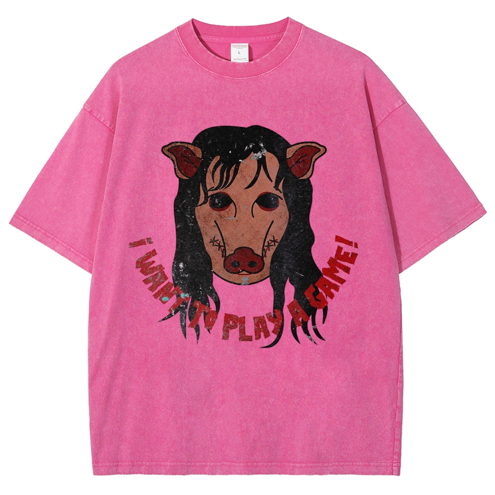  Pig Horror Mask Slogan Print Casual Washed T-Shirt