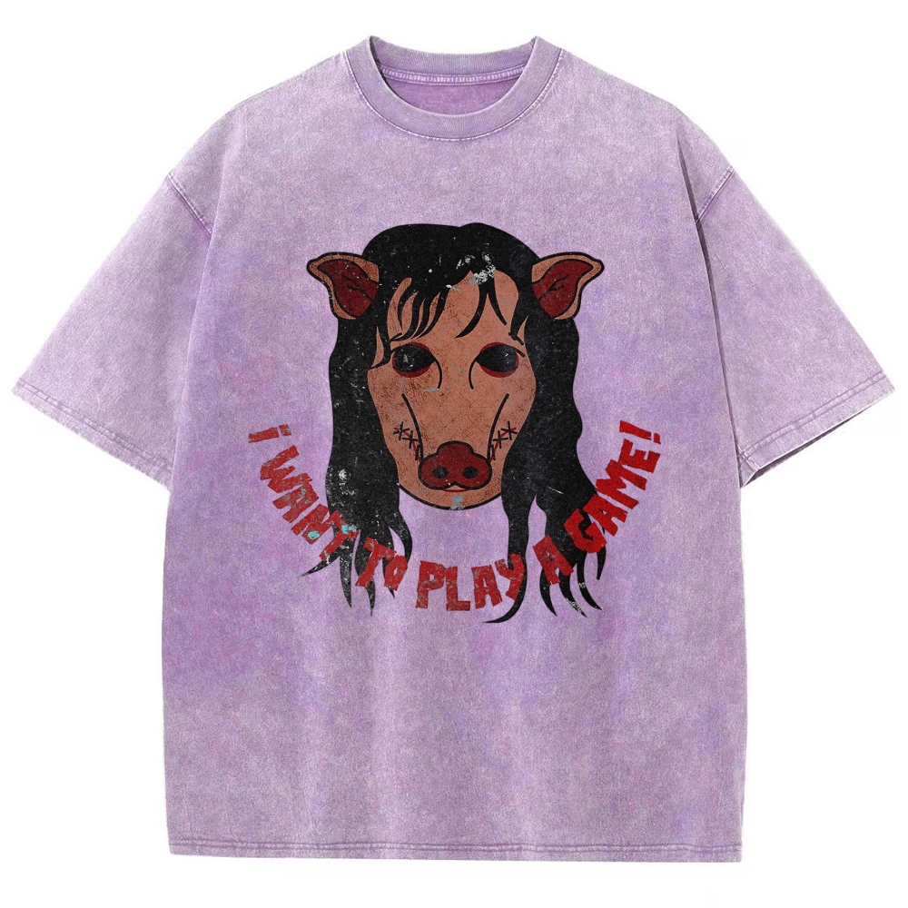  Pig Horror Mask Slogan Print Casual Washed T-Shirt